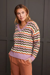 Drop Shoulder V-Nick Sweater with Scalloped Stripes