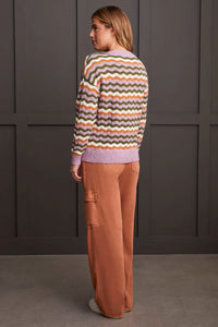 Drop Shoulder V-Nick Sweater with Scalloped Stripes