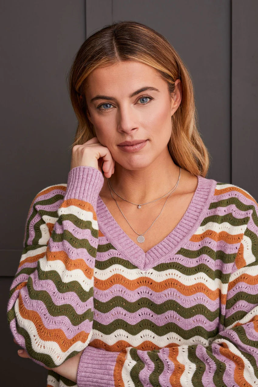 Drop Shoulder V-Nick Sweater with Scalloped Stripes