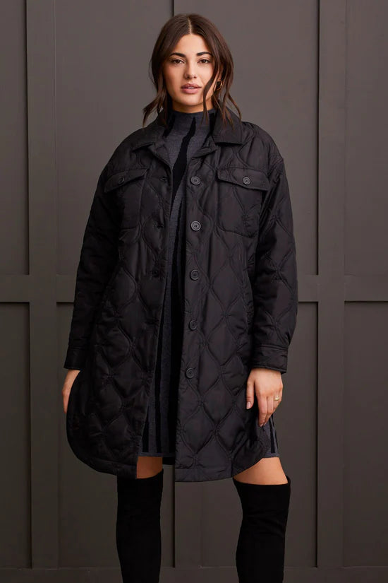 Long Quilted Button-Up Jacket