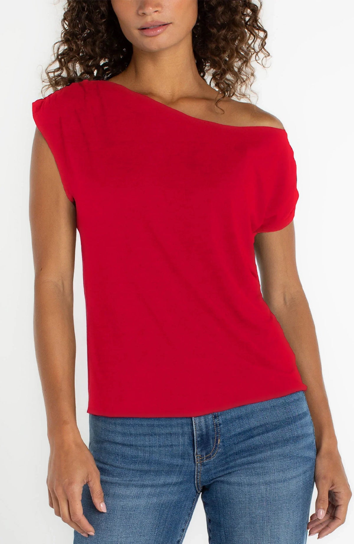 Short Sleeve Asym Off-shoulder Knit Top